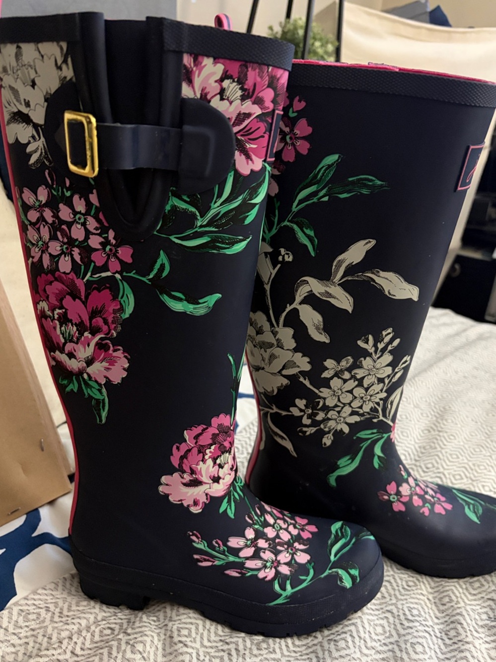 Women’s Floral Navy Waterproof Rain Boots with Pink & Green Accents